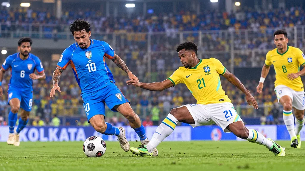 Editorial illustration of India facing Brazil in an international football match